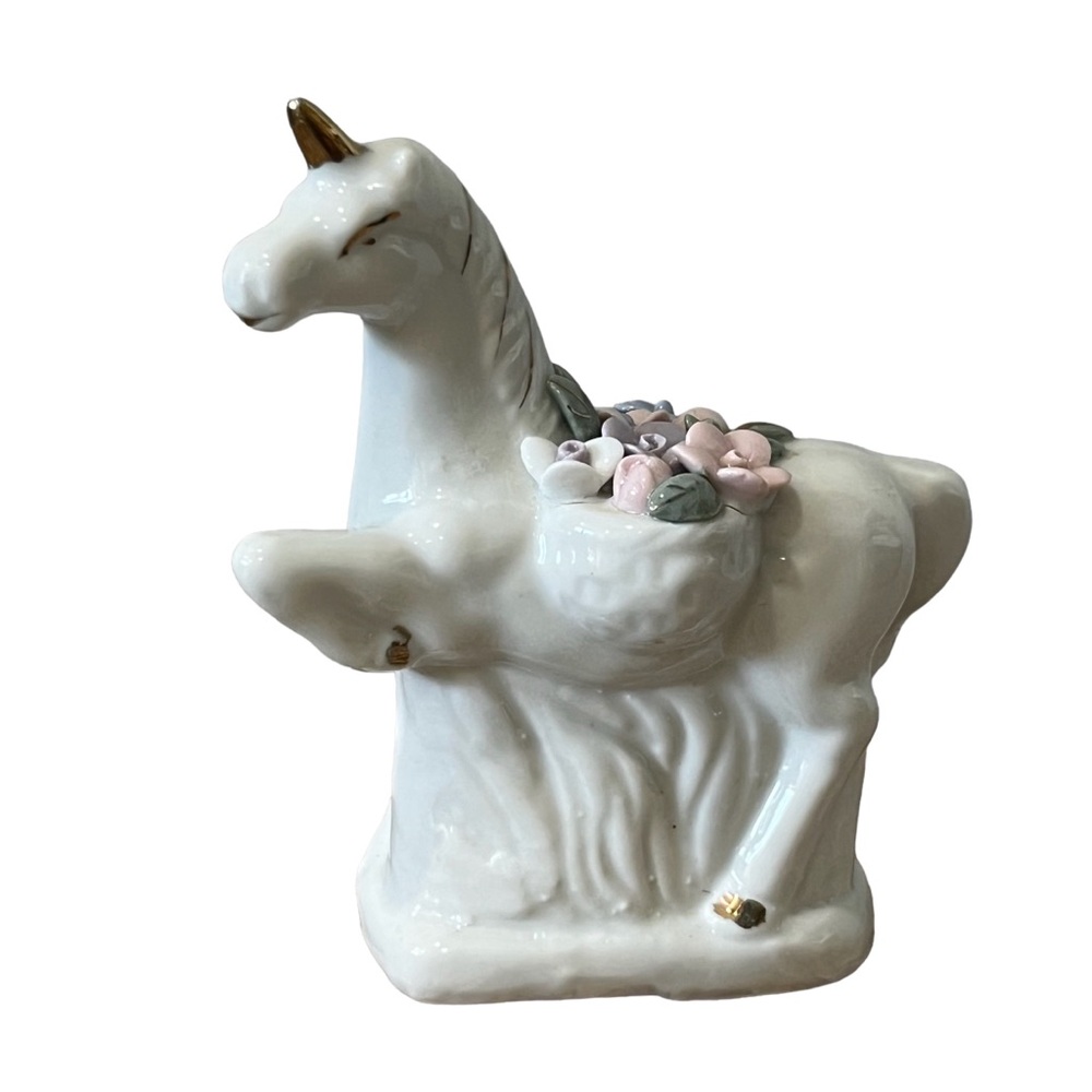 Vintage Porcelain Unicorn Figurine With Flowers White Gold Handpainted 4” decor